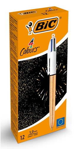 Bic 4 Colours Party Champagne Effect Barrel Ballpoint Pen 1.0mm Tip 0.32mm Line Black/Blue/Green/Red Ink (Pack 12)